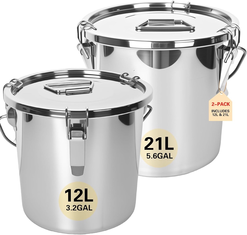 21L/5.6GAL and 12L/3.2GAL Stainless Steel Airtight Canister, Food Storage Canisters with Lid&Locking Clamp for Rice Flour Sugar Grain Coffee Bean Storage Containers (12L & 21L,2 CANISTERS)