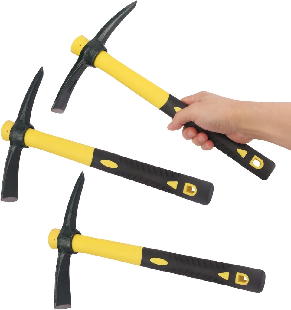 3 Packs 15 Inch Garden Pick Axes with Fiberglass Handle，Hand Pickaxe, Cast Steel of Pick Axes Head for Gardening, Camping, Prospecting, and Outdoor Activities