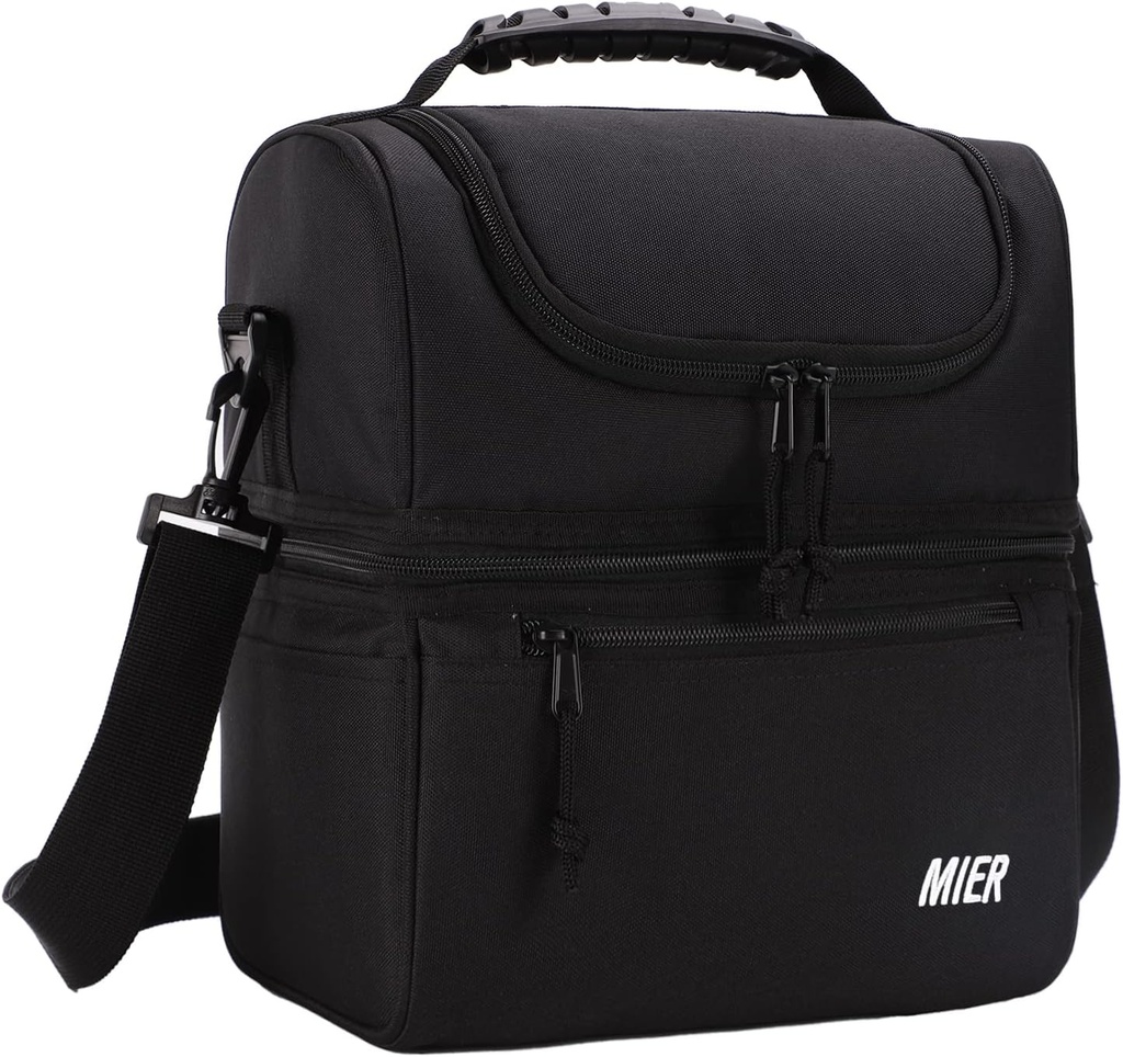 MIER 2 Compartment Lunch Bag for Men Women, Leakproof Insulated Cooler Bag for Work, Black
