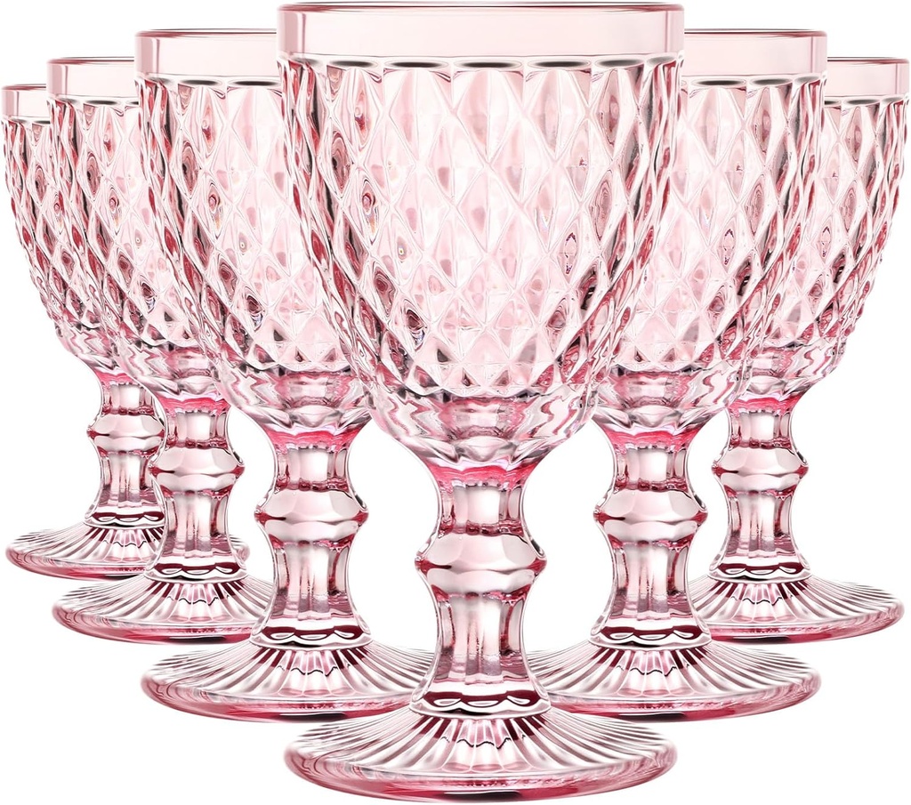 Lallisa 6 Pcs Pink Wine Glass Set Vintage Glassware Pink Goblets 8 oz Embossed Drinking Glass with Stem High Clear Stemmed Cups Goblet for Wedding Party Banquet Feast Bar, Daily Use
