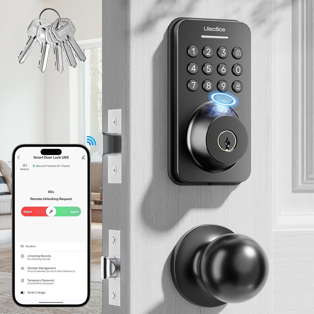 Keyless Entry Door Lock with Handle Set - Built-in WiFi, App Control & Doorbell, Electronic Keypad Deadbolt with One-Time Code, Auto-Locking, Easy to Install