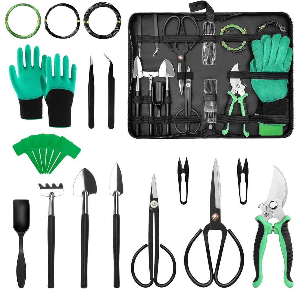 Bonsai Tools Set, 21 Pcs Bonsai Tool Kit for Beginners, Bonsai Pruning Kit, Bonsai Scissors, Pruning Shears, PU Leather Bag, Gardening Gift for Women Parents