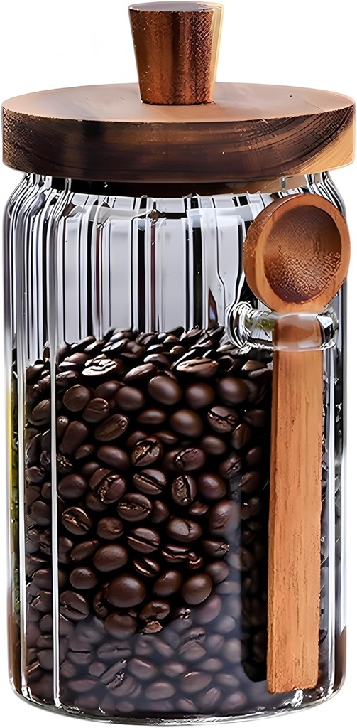 Glass Storage Jar with Airtight Lid and Wooden Spoon (900ml/30.4oz), Suitable for Tea Coffee Sugar Candy Cookies and Various Dried Fruits