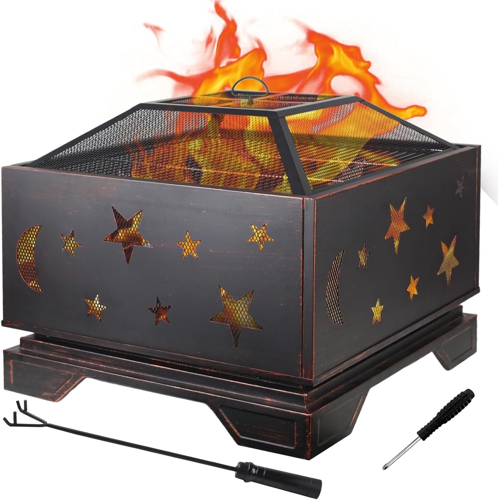 26" Fire Pit with Cooking Grill, Outdoor Wood Burning Firepit with Spark Screen, Outside Square Design for Bonfire Party, Camping, Patio, Perfect for Christmas, Thanksgiving, Halloween, Holiday Decor