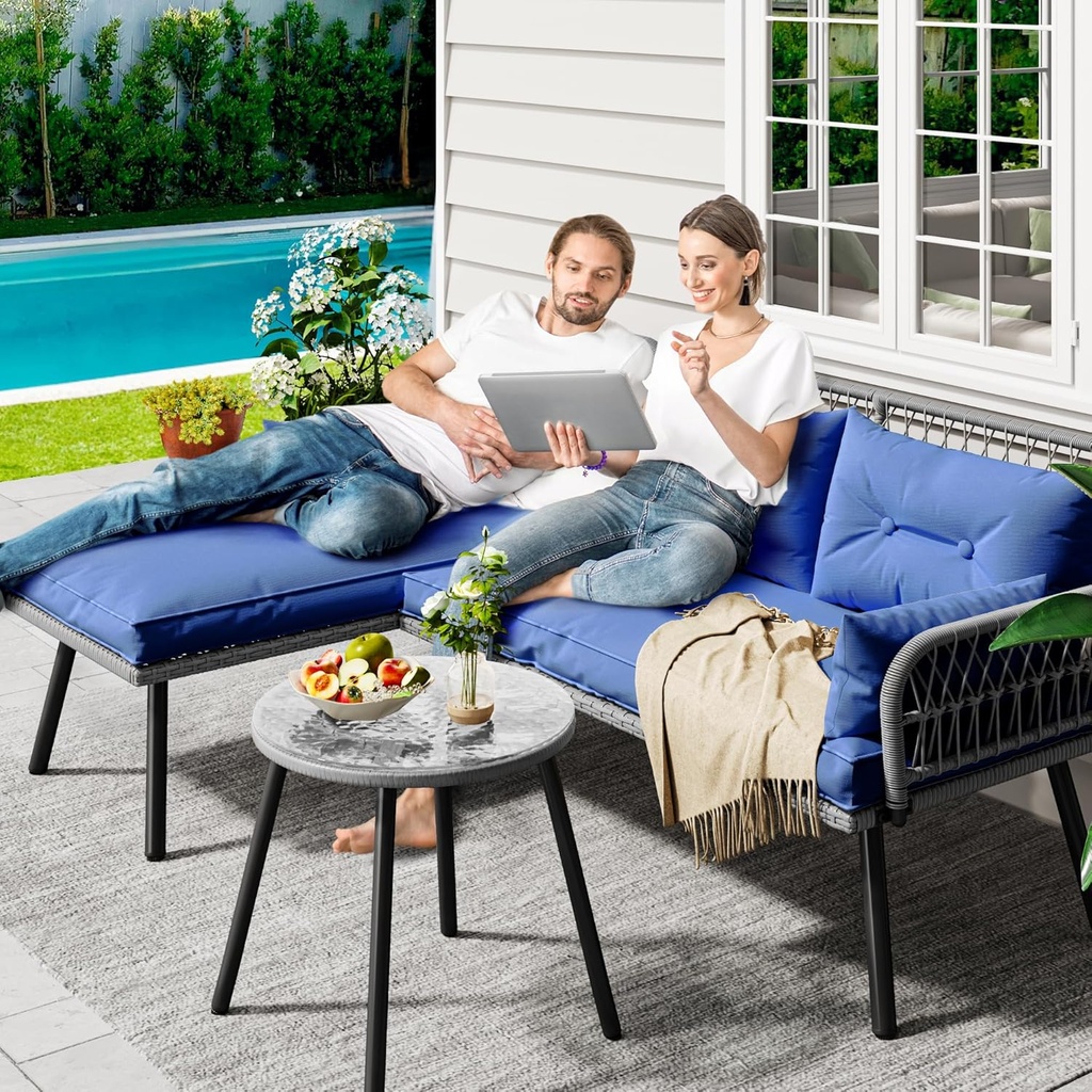 YITAHOME Outdoor Patio Furniture L-Shaped Conversation Sectional Sofa Set for Backyard, Porch w/Thick Cushions Detachable Lounger & Side Table (Gray+Navy Blue)