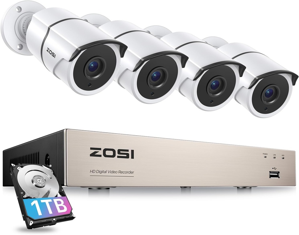 ZOSI 8CH 3K Lite Home Security Camera System Outdoor,AI Human/Vehicle Detection,Night Vision,4pcs 1080P Metal Weatherproof Cameras with 1-Way Audio,H.265+ 8Channel DVR with 1TB HDD for 24/7 Recording