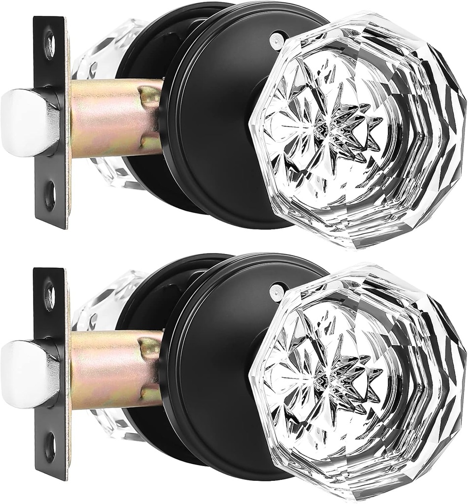 Orger 6 Pack Glass Door Knobs with Flat Black Rosette, Bath/Bed Door Knobs for Privacy Use, Keyless Interior Door Handles with Diamond Shape Crystal Glass and Zinc Alloy Base