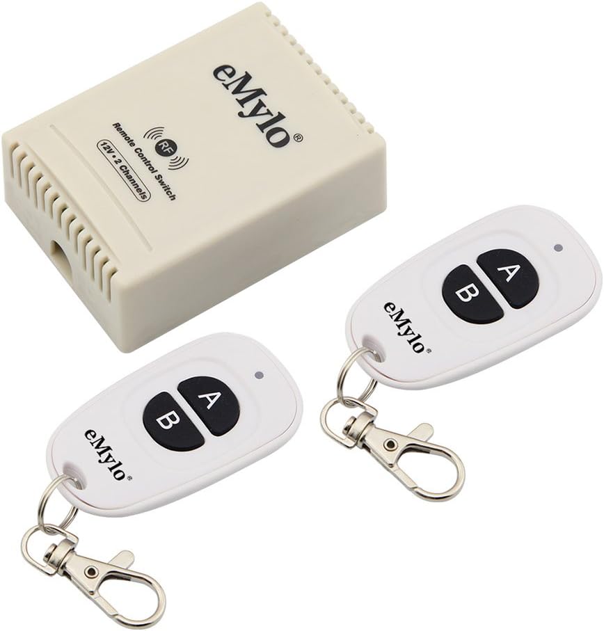 eMylo RF Relay Switch Smart Wireless Remote Control Module 433Mhz Relay Receiver with Two Transmitters DC 12V Two-Channels for Light Garage Door, Electric Curtains, Locks, Water Pump