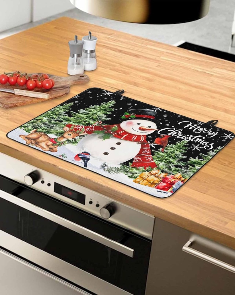Christmas Countertop Burners Protection Mats for Kitchen, Snowman Christmas Tree Snowflakes Deer Black Rubber Stove Top Cover Mat, Heat Proof Mats Cooktop Cover for Counter Dish Drying Mat, 24"x21"