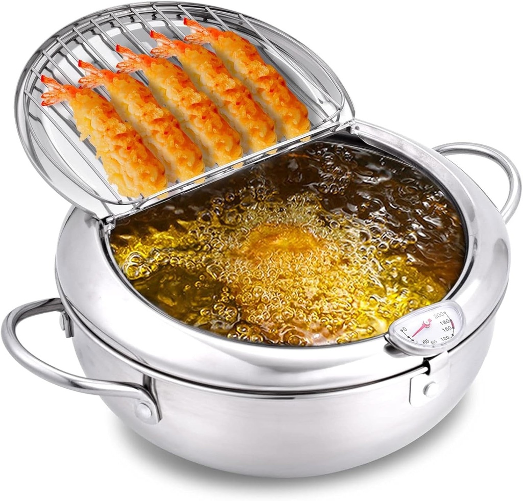 Deep Fryer Pot, 304 Stainless Steel Japanese Frying Pot with Oil Drain Temperature Control and Lid for Kitchen Stove Induction Cooker for Kitchen French Fries, Chicken etc