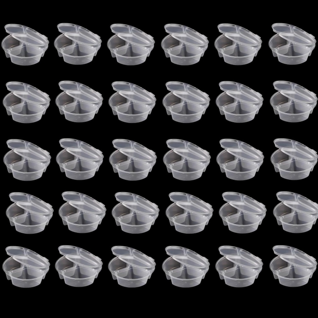30 Pack 3 Compartment Condiment Containers, Snack Box with Lids, Transparent Small Sauce Dipping Cups, Grab and Go Plastic Dipping Jars for Snack, Salad Dressing, Sampling
