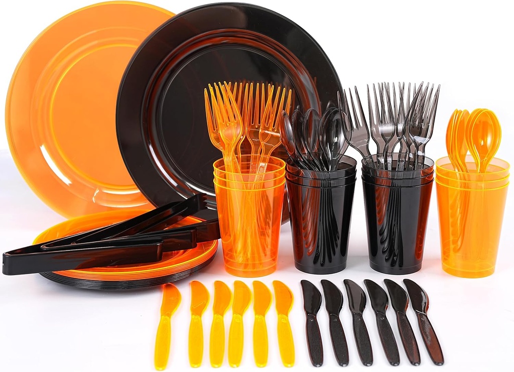 76pcs Disposable Orange Smoke Dinnerware Set with Tongs, Party Plates Cups Cutlery Set for Halloween Christmas Birthday Neon Glow Party Supplies