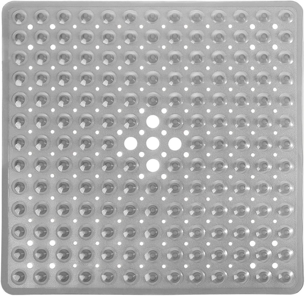 Yimobra Shower Bathtub Mat Non Slip, 21x21 Inch, Soft Square Bath for Tub with Suction Cups and Drain Holes, Stall Floor Mats Bathroom, Machine Washable, Bathroom Accessories, Clear Gray