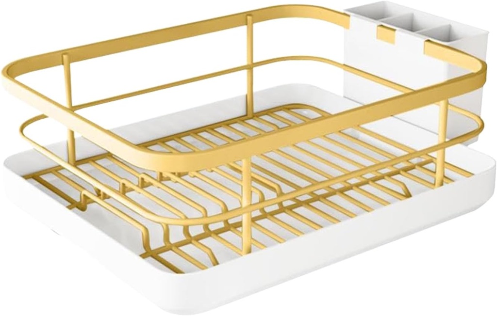 2-Tier Dish Drying Rack, Dish Drainer, Carbon Steel Dishes Drainer, Kitchen Organizer with Removable Tray, Space Saving, 34x26cm, Holds 12 Plates + Utensils