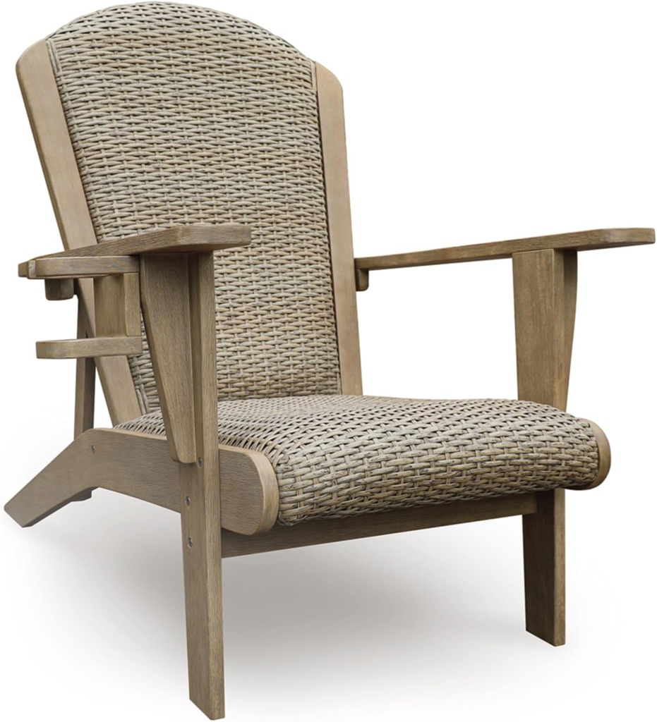 Signature Design by Ashley Bradstreet Bay Casual Outdoor Eucalyptus Wood Padded High Back Adirondack Chair with Handwoven Resin Wicker, Beige