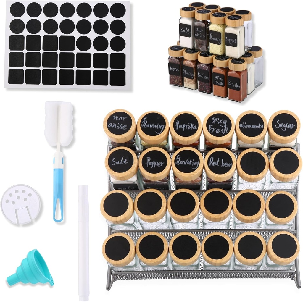 24 Pcs Glass Spice Jars with Wooden Lids | 4oz Spice Jars, Seasoning Containers Set contains 1 Funnel, Brush, Pen & 70 Blank Labels - Spice Containers for Home Kitchen, Spices, Decoration, Snack Foods