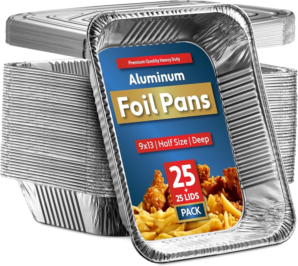 25 Pack Aluminum Pans Disposable 9x13 Baking Pan Chafing Trays with Lids, Half Size Oven Steam Table Tin Foil Pans with Covers, Extra Heavy Duty Foil Pans for Heating, Roasting, Cooking, Storing Food