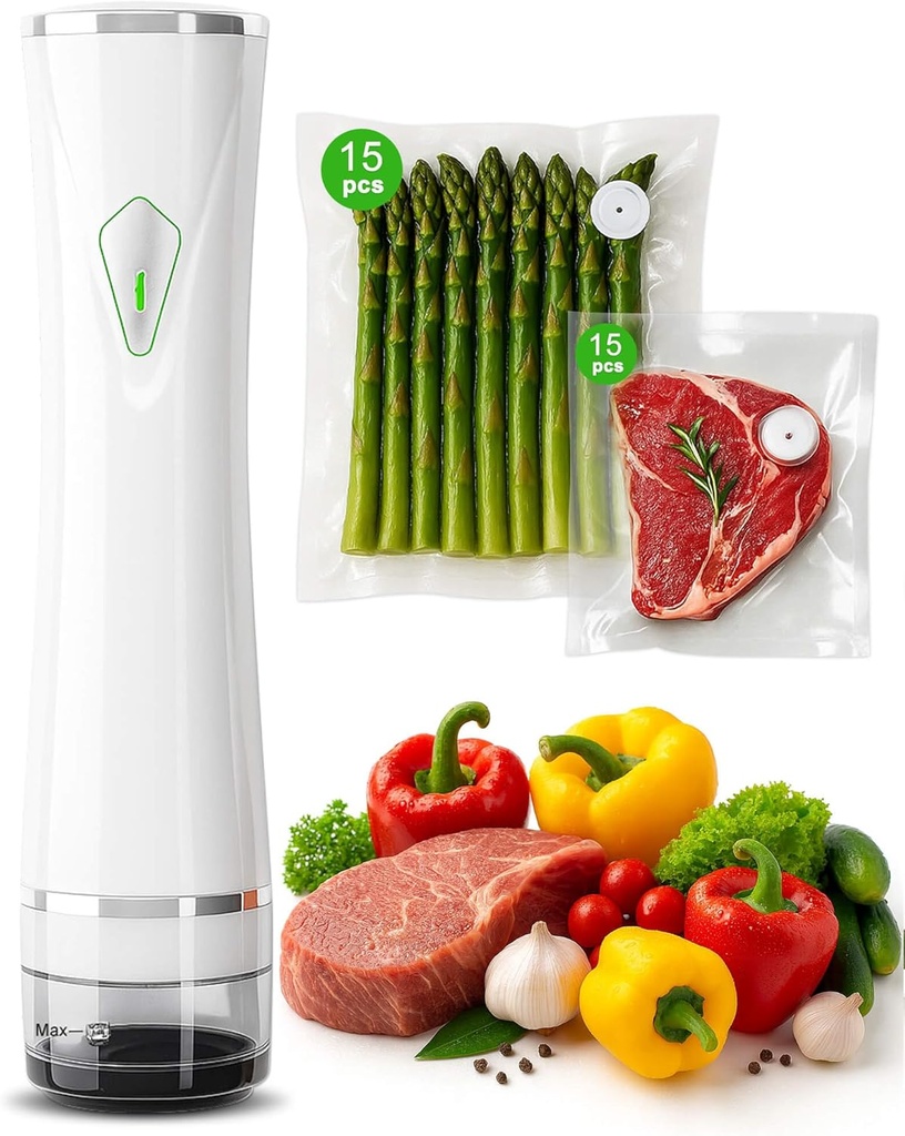 Compact Vacuum Sealer for Food, Handheld Vacuum Sealer with Auto-Stop & Detachable Water Tank, Includes 30 Reusable Bags for Kitchen, Meal Prep & Travel