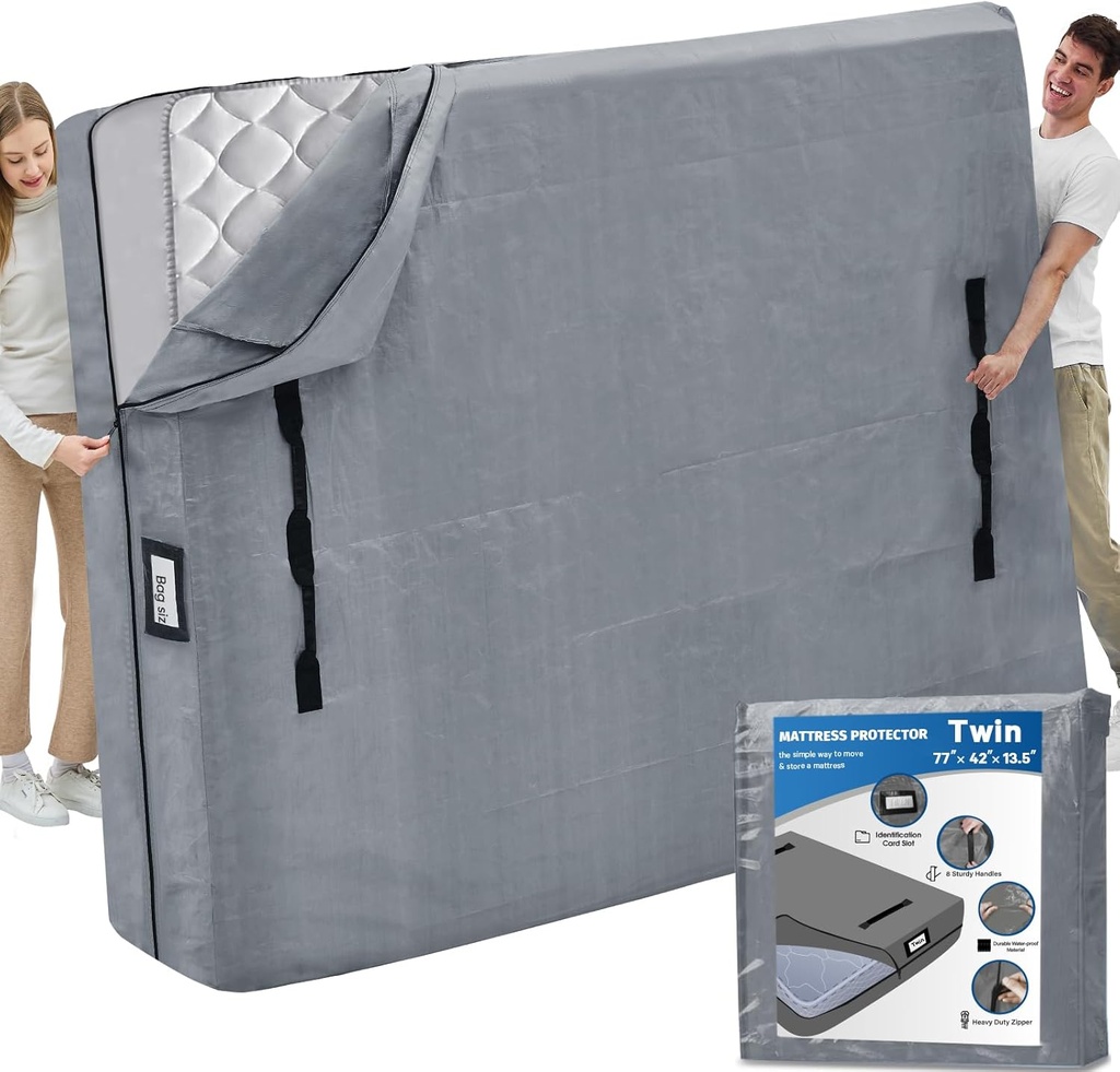 Mattress Bags for Moving and Storage, BETU Twin Mattress Protector Waterproof Mattress Cover with 8 Heavy Duty Handles and Zipper Extra Thick Moving Supplies for Dorm Bed Reusable (77x42x13.5 Grey)