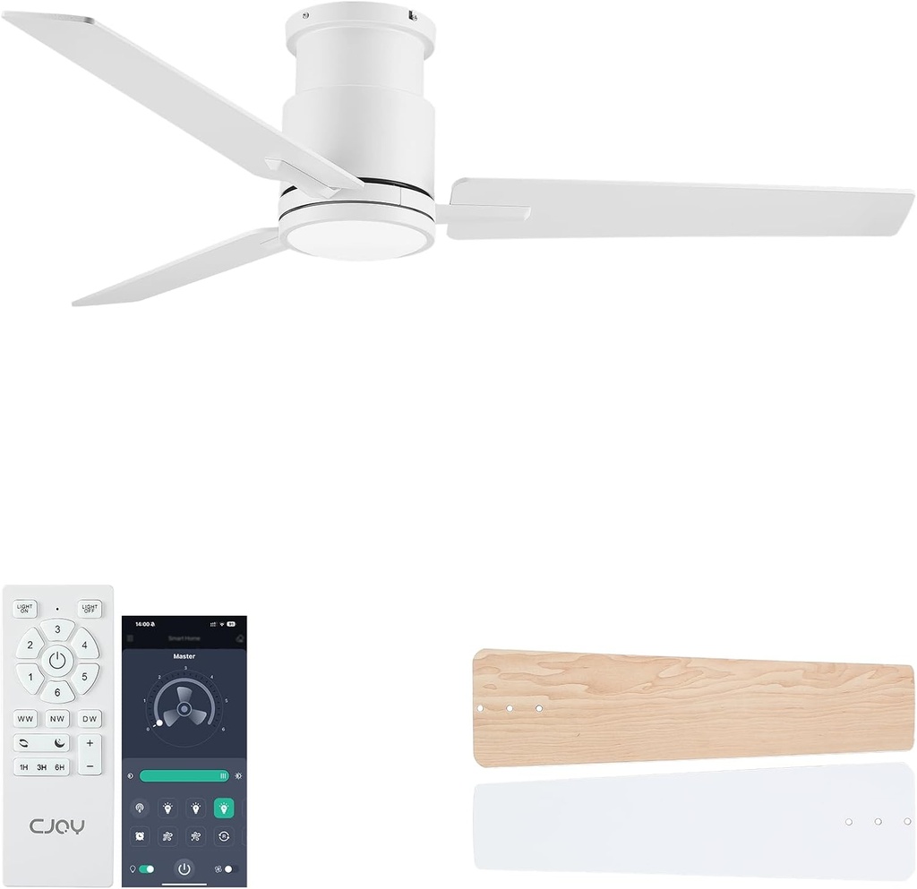 CJOY Ceiling Fan with Lights, 48 Inch Low Profile Ceiling Fans with Light and Remote, Reversible DC, Flush Mount, 3CCT，Dimmable, Modern Indoor/Outdoor Design for Bedroom, Living Room, Patio, Kitchen