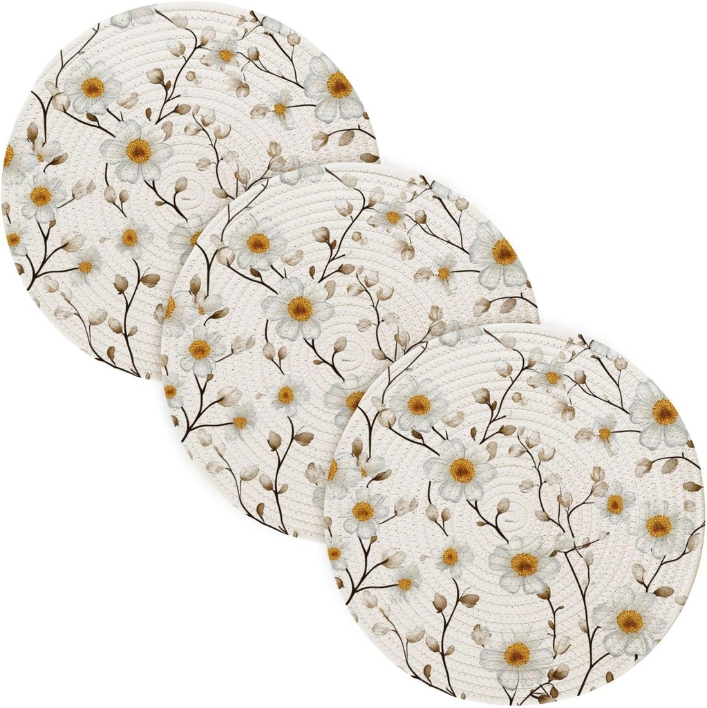 Simple White Floral 3 Pcs Trivet for Crock Pot 15in Heat Resistant Hotpads Modern Farmhouse Decor