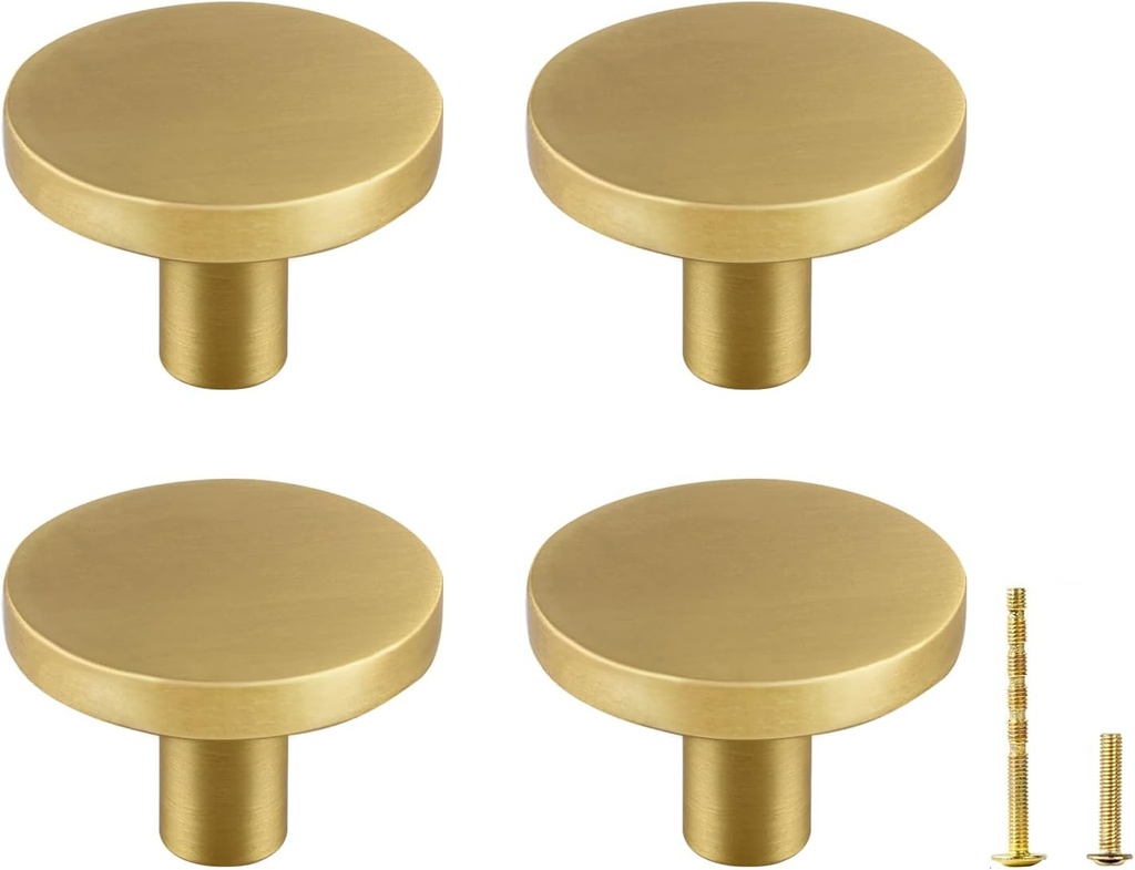 Yiking Solid Brass Brushed Gold Cabinet Knobs - Modern Round Gold Drawer Pulls Kitchen Cabinet Handles Gold Hardware for Dressers Cupboards Kitchen Bathroom Bedroom Furniture 4pcs 1-1/8in