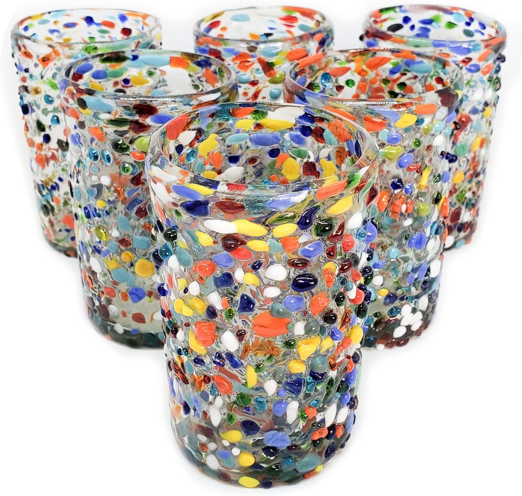 Confetti Rocks 14 oz Drinking Glasses (set of 6) Mexican Handmade Multicolor Glassware, Recycled Glass, Lead-free, Toxin-Free (Drinking)