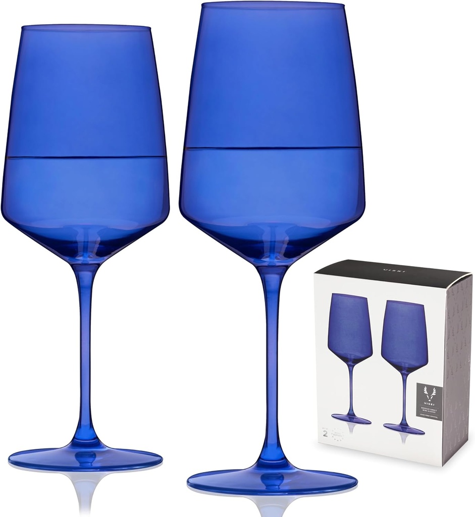 Viski Reserve Nouveau Cobalt Colored Wine Glasses - Crystal Cobalt Blue Glassware - 22oz Stemmed Wine Glasses Set of 2