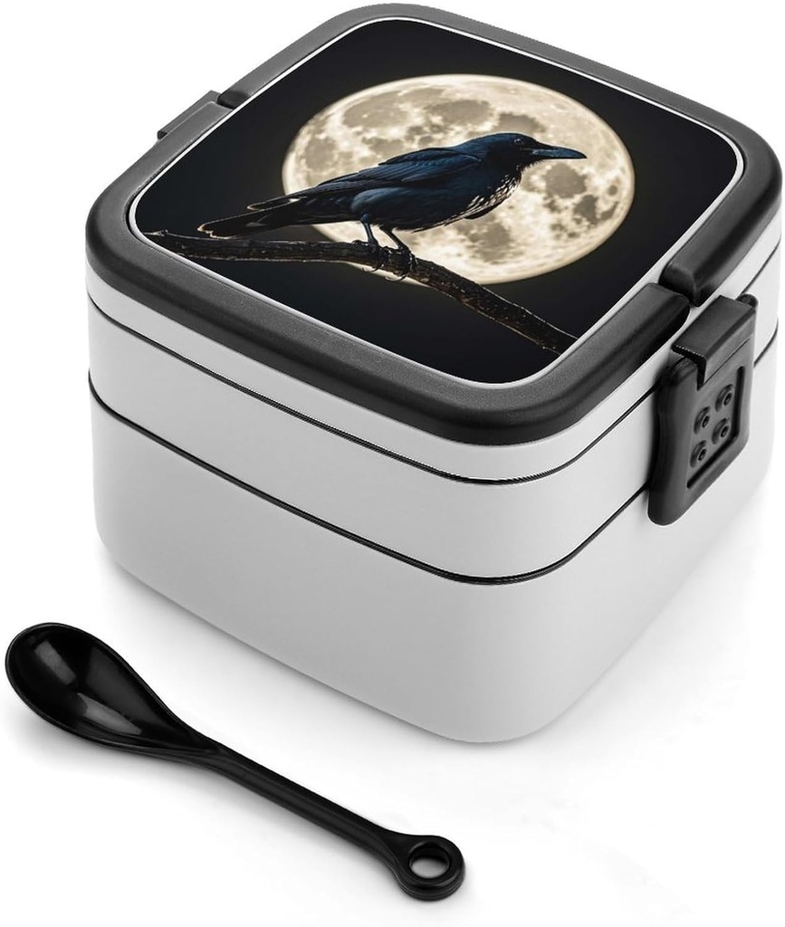 Black Crow on Full Moon Bento Box Leak-Proof Double Layered Lunch Containers with Spoons And Invisible Handle, Portable Lunch Boxes for Work Picnic Travel