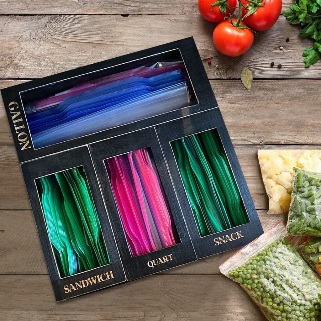 DECORIO Wood Storage Bag Organizer for Kitchen Drawer, Plastic Bag Organizer for Gallon, Quart, Sandwich and Snack - Food Storage Organizer Baggie Holder (Distressed Black)