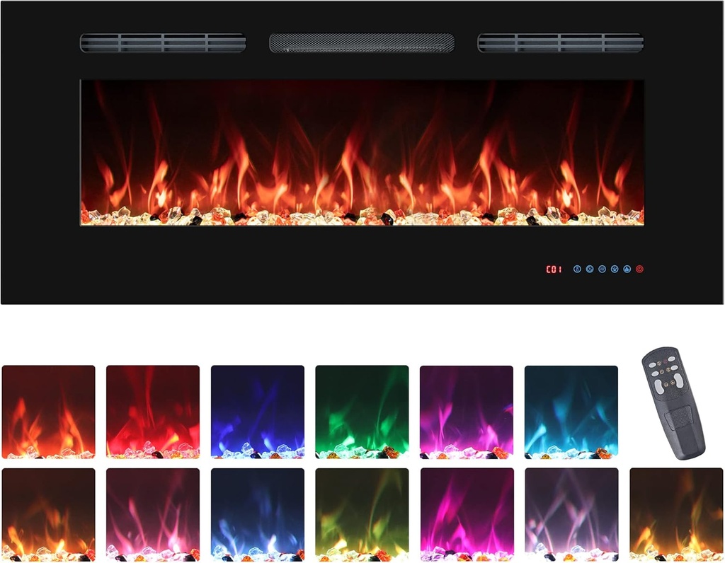 42" Electric Fireplaces Inserts, Recessed & Wall-Mounted Fireplace Heater with Thermostat, Multicolor Flames,Timer, Log & Crystal, 750/1500W