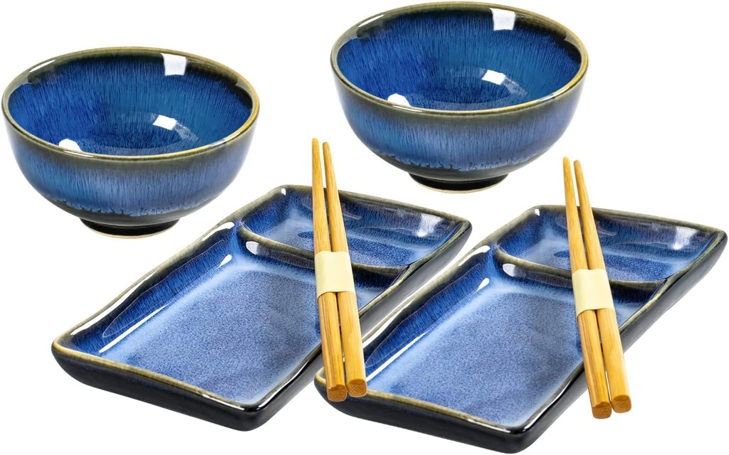Ceramic Japanese Sushi Plates and Bowls Set for 2 | Includes 7 Inch Rectangle Sushi Serving Dish, 10 Oz Soup, Rice, Side Dishes Bowl and Chopsticks(Reactive Blue)