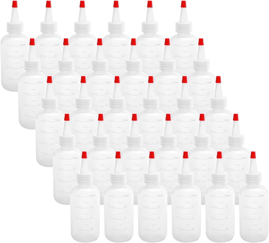 Hedume 30 Pack 4-Ounce Plastic Squeeze Bottles with Red Tip Cap and Measurement - BPA-Free, Latex-Free, Food-Grade - Good for Crafts, Art, Glue, Sauces, Ketchup, BBQ