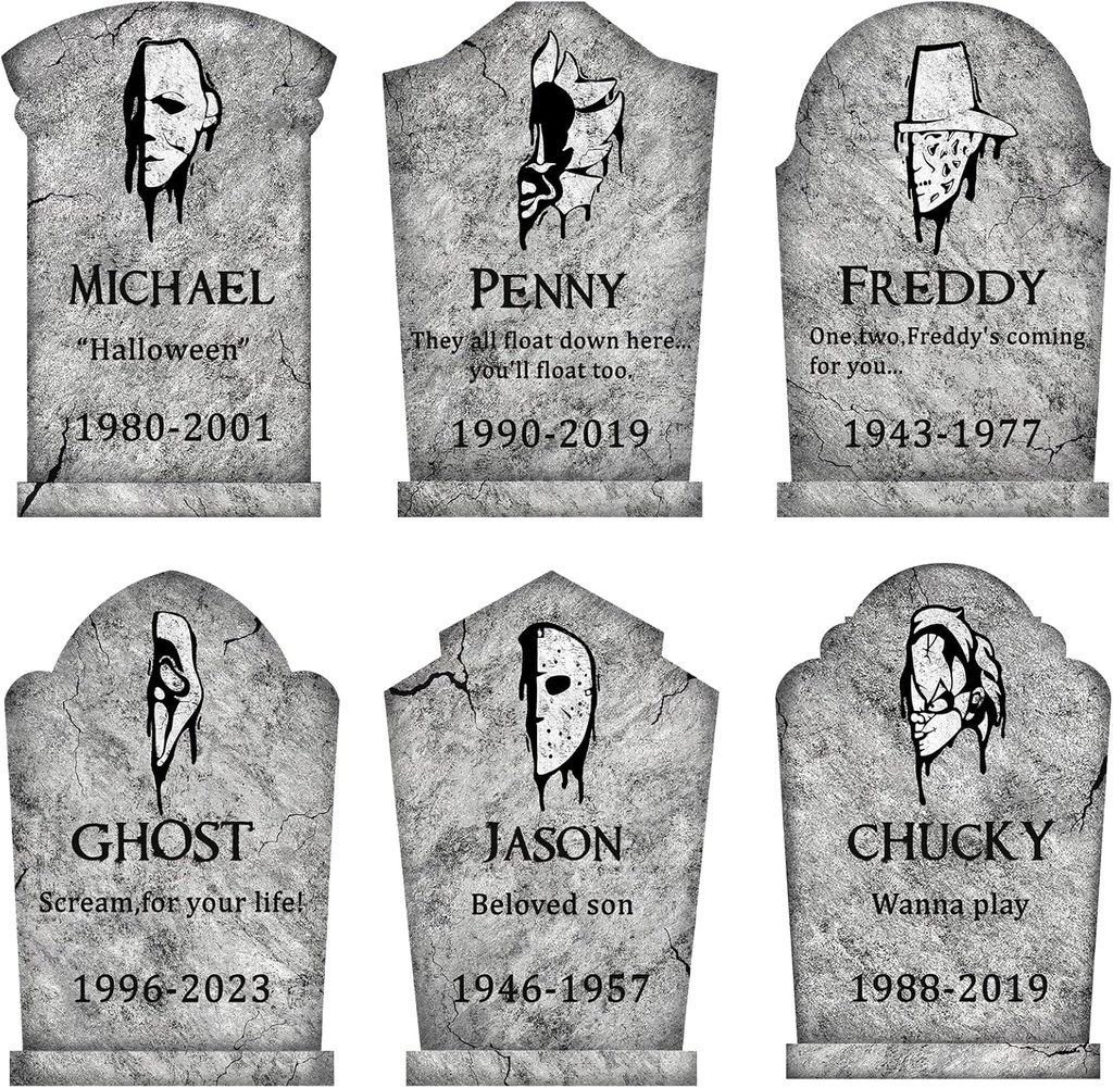Halloween Decorations Outdoor Graveyard Tombstones: 6ct Large Tombstone Halloween Decor Yard Signs with Stake, 17" Tall Scary Gravestones with Half Killer Face, Waterproof Lawn Decor Outside, Not Foam