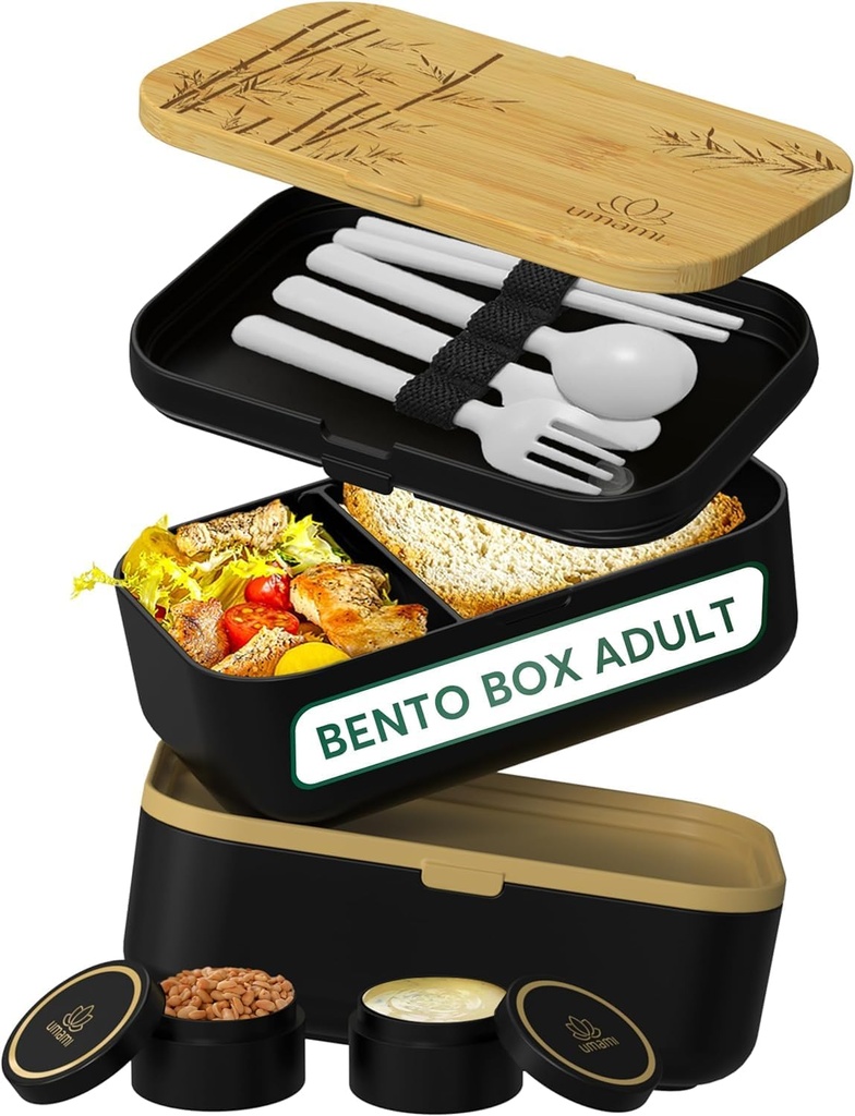 Umami Bento Box Adult All-In-1 w/4 Utensils, 2 Sauce Jars 2 Dividers, Bamboo Lid, 100% Leakproof, Microwave & Dishwasher Safe Stackable Lunch Box Containers for Men/Women, Black & Tan Bamboo Trees