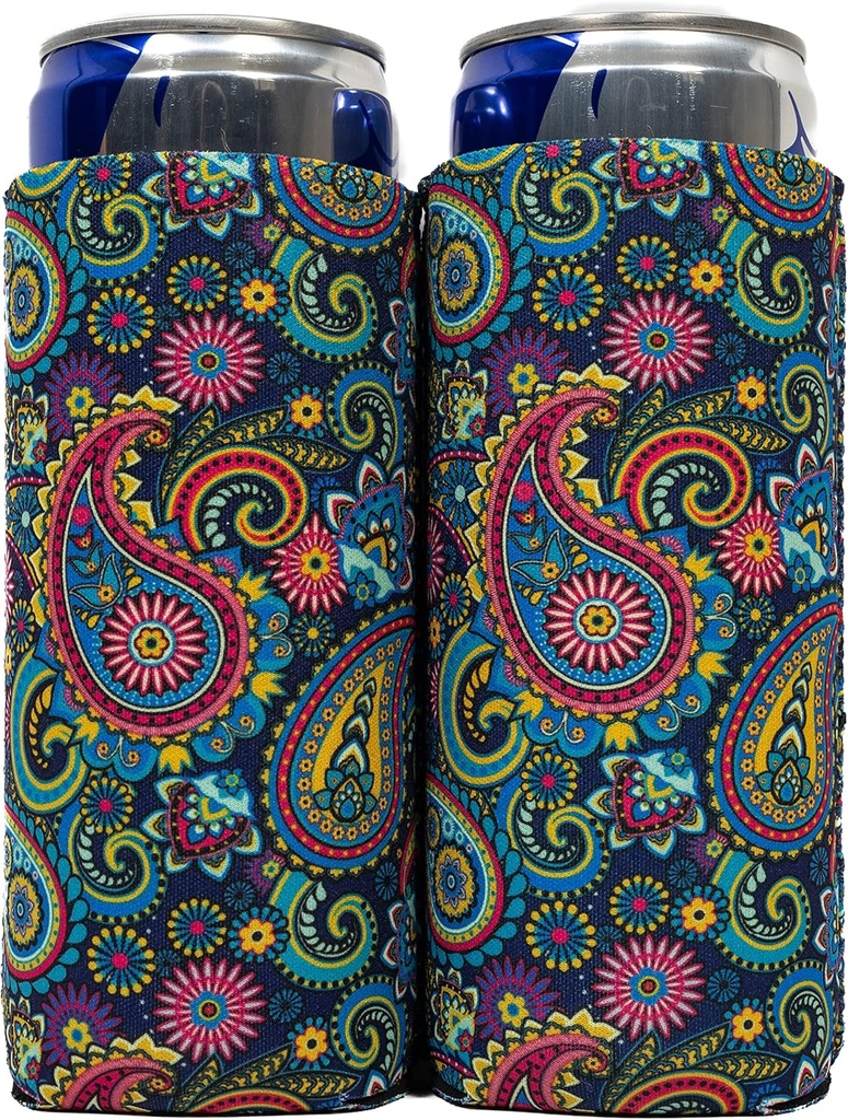 QualityPerfection Slim Can Coolers Sleeves (2 Pack) Insulated, Beer/Energy Drink Premium Neoprene 4mm Thickness Thermocoolers for 12 oz Skinny Beverage Can Covers (Old Paisley)