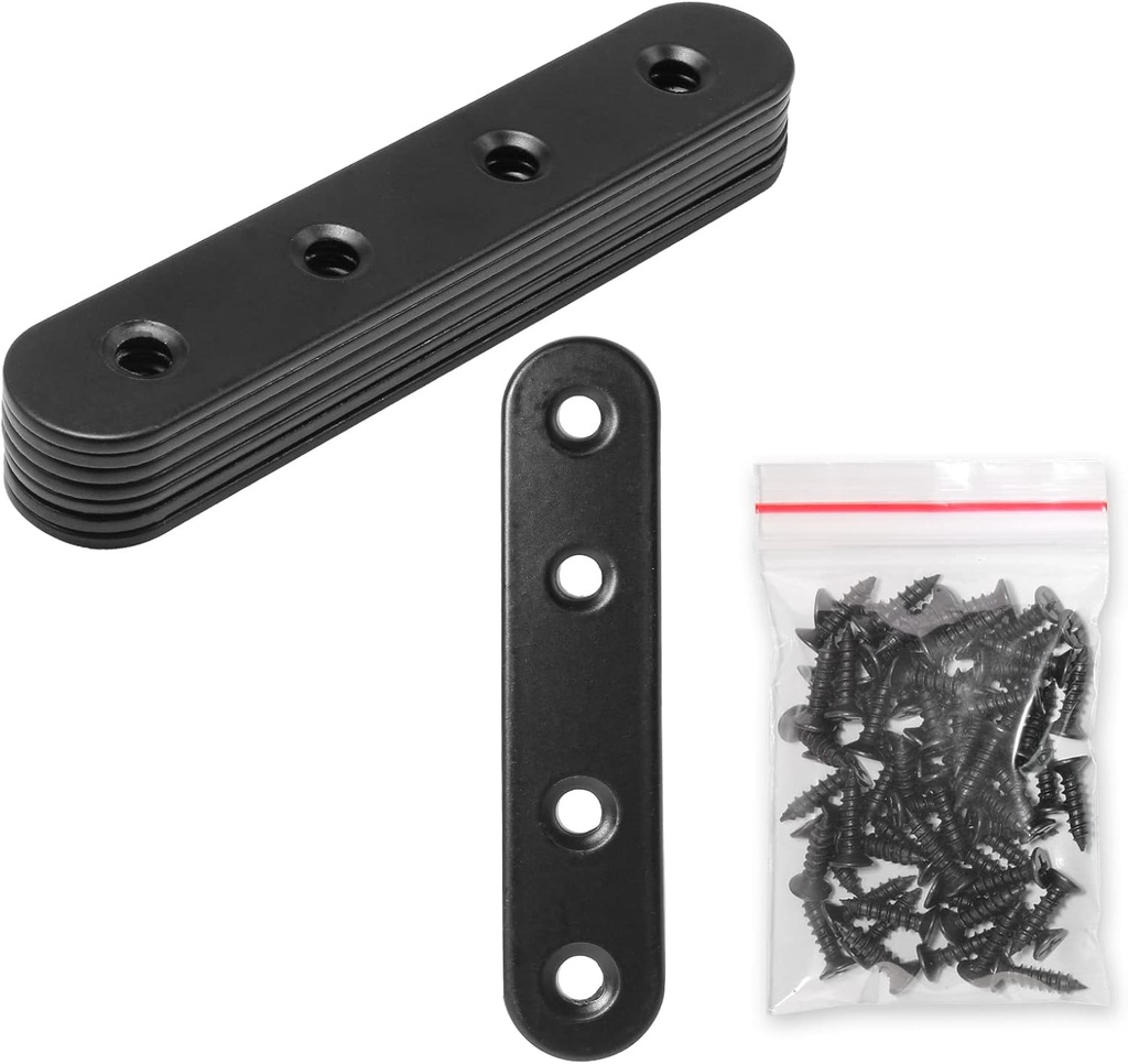 8 Sets 4 Inch Stainless Steel Flat Plate Straight Bracket Flat Metal Brace Bracket, 100mm Metal Brackets Mending Repair Plate Brace with Screws for Wood Straight Brace (Black)