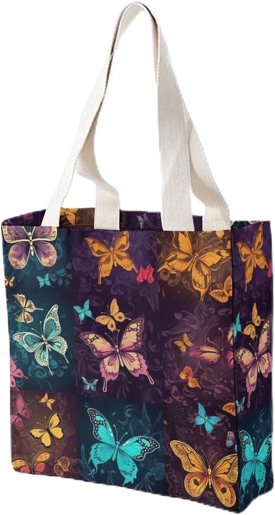 Canvas Tote Bag for Women Reusable Grocery Bag Color Butterfly Pattern Shopping Bags Casual Shoulder Bag Handbag