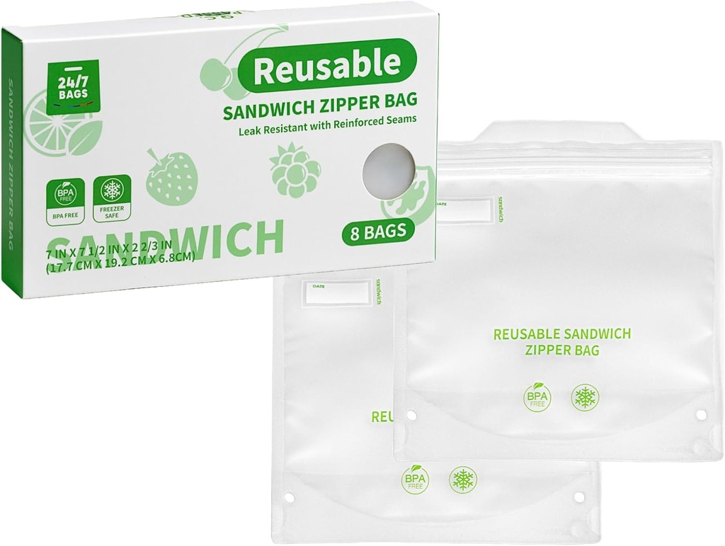 24/7 Bags - Heavy-Duty Reusable Sandwich Food Storage Zip Bags, 8 Count, Double Seal, Freezer and Dishwasher Safe, BPA-Free, Easy Pull Tabs