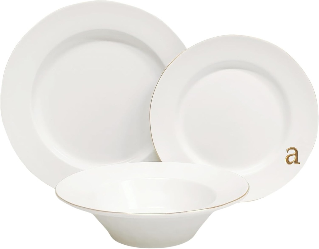 COLLECTIVE HOME Luxurious Gold-Edged Ceramic Dinnerware Set with Embossed Lettering, Including Soup Bowl, Shallow Plate, and Large Plate – Perfect for Weddings, Anniversaries, and Elegant Dining (A)