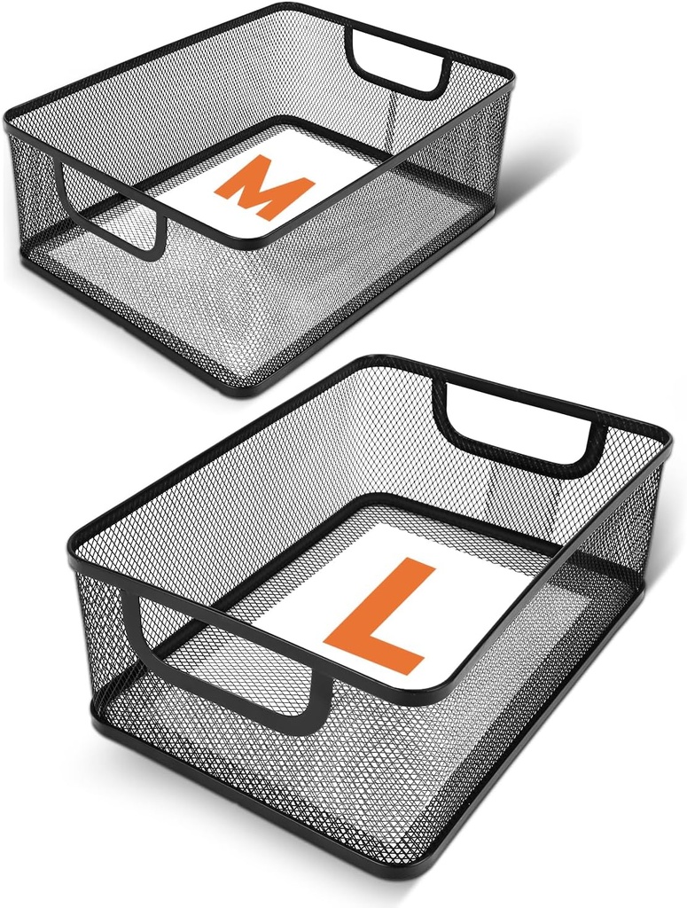 2 Pack EsOffcce Metal Mesh Steel Basket, 2 Size Household Food Sundry Storage Basket, Office Desktop Organizer Basket, Versatile Baskets with Handle for Kitchen Pantry Bathroom Home, Rectangle-Black