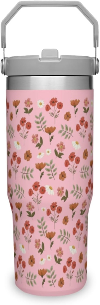 Vintage 30 oz Flowers Tumbler with lid and Straw,Holiday Leak Proof Insulated Coffee Travel Mug Cup Water Botter for Home,Office, Birthday Gifts for Women,Men(Pink)