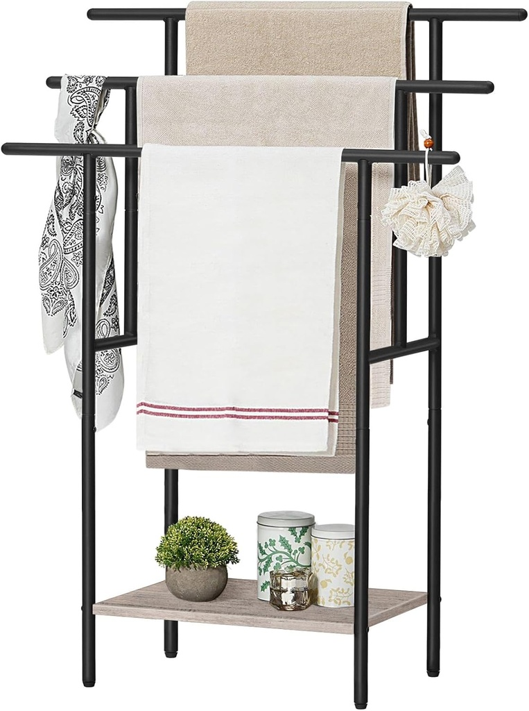 HOOBRO 39.4" Tall Freestanding Towel Rack for Bathroom, 3 Tier Stepped Blanket Rack with Shelf, Oversized Bath Towels Drying and Display Rack, Black and Rustic Brown BG50LB01
