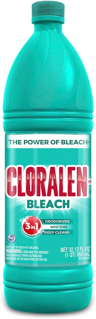 Cloralen Household Cleaning Liquid Bleach - 32.12 fl oz - 3-in-1 Multipurpose Cleaner for Laundry, Bathroom & Kitchen - Deodorizes, Whitens & Deep Cleans