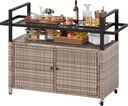 DWVO XL Outdoor Storage Cabinet,Patio Storage Table with Glass Top, Bar Table with Wheels,Outdoor Bar Cart for Patio, Poolside and Backyard,Light Brown