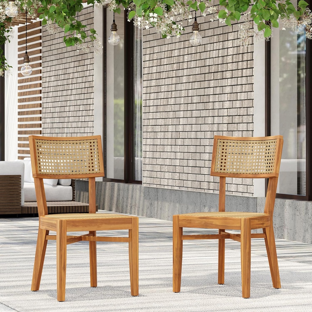 Christopher Knight Home Neeko Acacia Wood Patio Dining Chairs Set of 2, Wooden Outdoor Kitchen Side Chair, Wicker Garden Chair Set for Dining Table, Patio Furniture Extra Seat, Light Brown + Teak