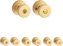 Kwikset Pismo Entry Door Knob with Lock and Key, Secure Keyed Handle Exterior Doorknob, Front Entrance and Bedroom, Satin Brass, Round, Pick Resistant SmartKey Rekey Security, Microban Protection