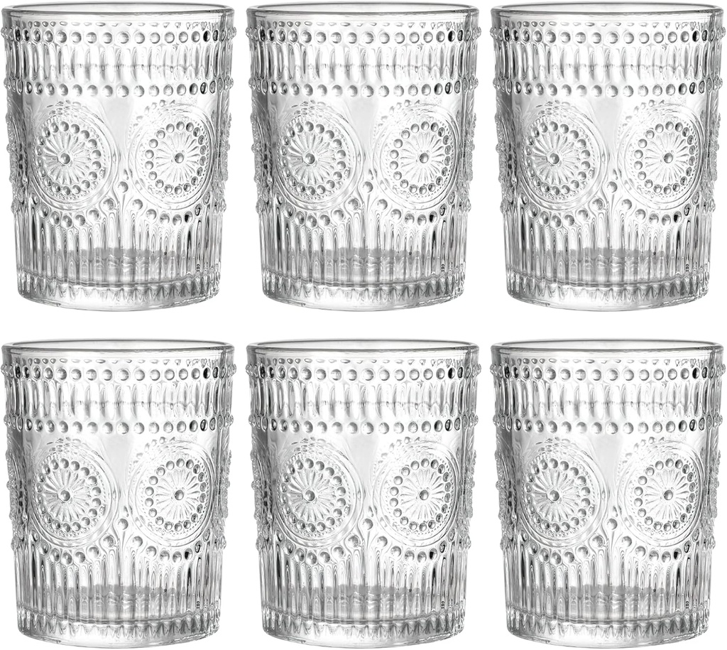 10 oz Vintage Drinking Glasses Set of 6, Ribbed Retro Flower Water Glasses Glassware Cups, Small Cute Tumbler for Coffee, Juice, Whisky, Beer, Cocktail, Retro Mixed Drinkware Sets