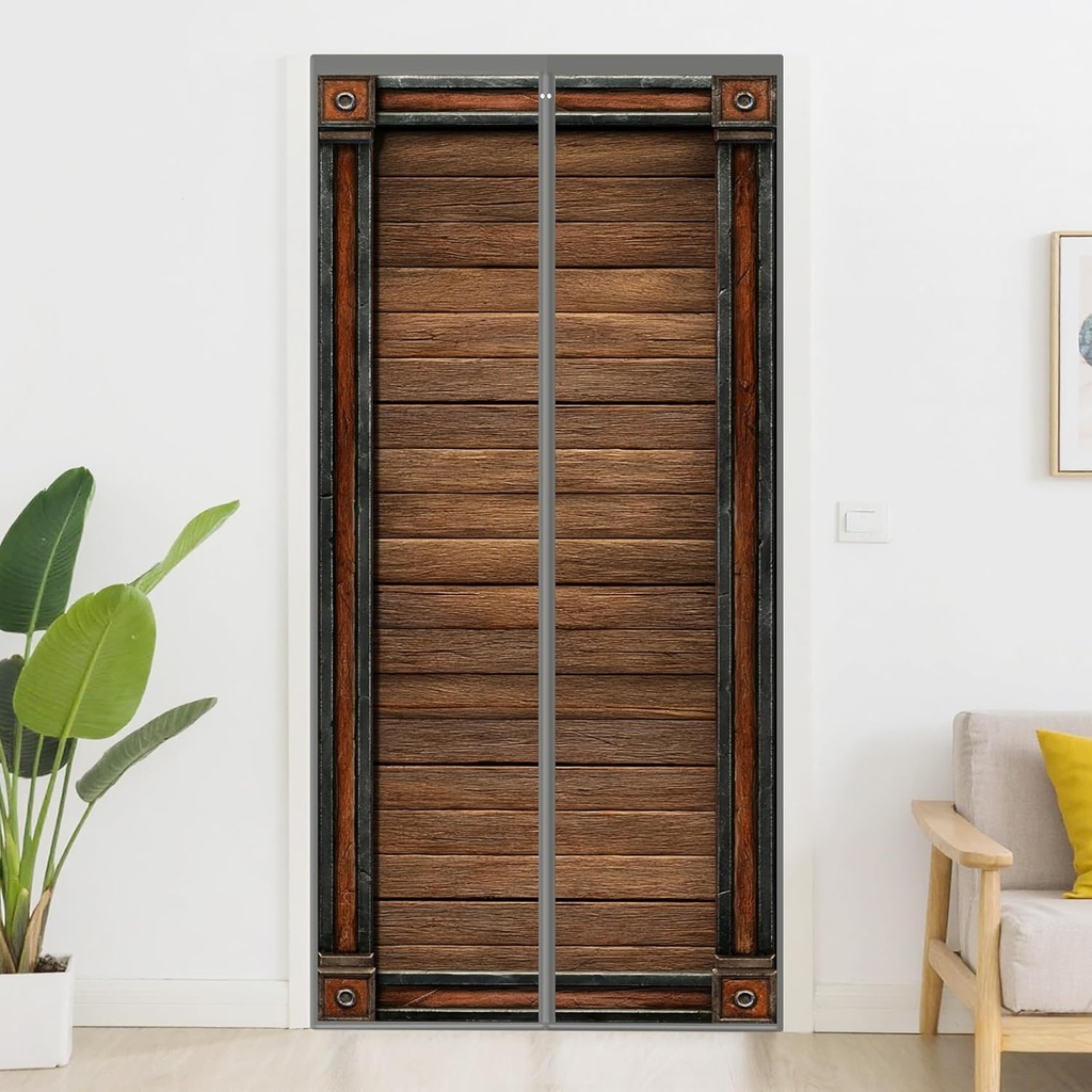 Vintage Barn Magnetic Door Curtain, Wooden Slats Door Curtain, Waterproof Privacy Polyester Curtains for Entry Patio Bedroom 34 x 82 Inch with Magnets