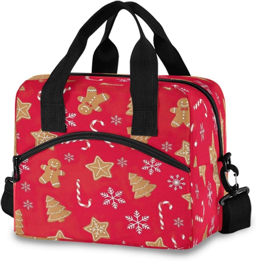 Cute Gingerbread Cookies Red Lunch Box Cooler Bag Cute Cooler Lunch Bag 11.4×7.1× 9.5 for School, Office or Picnic